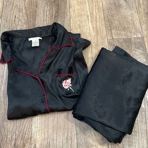 Pink K Women Black Satin Pajama Set Rose Embroidery Red Piping 2PC Large